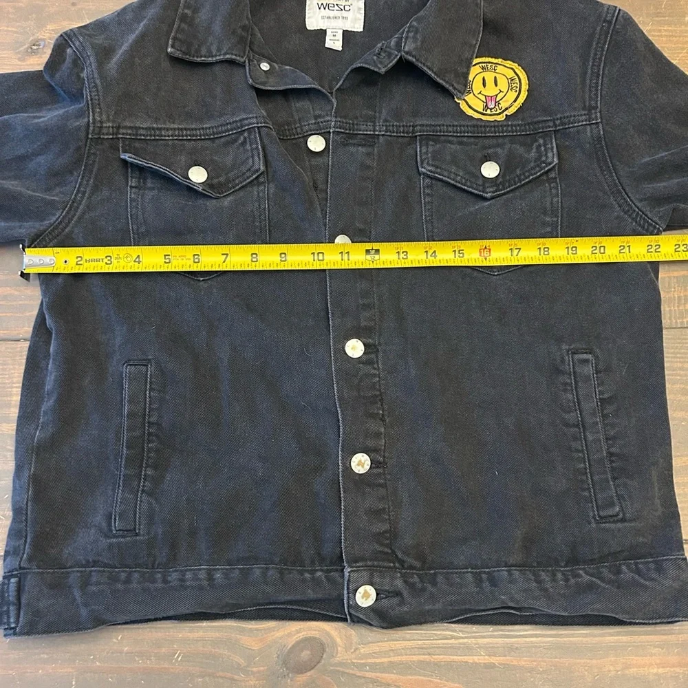 Conspiracy WESC Denim Jacket Unisex Black Smiley Face Trucker Mens m Women’s L - Picture 8 of 15